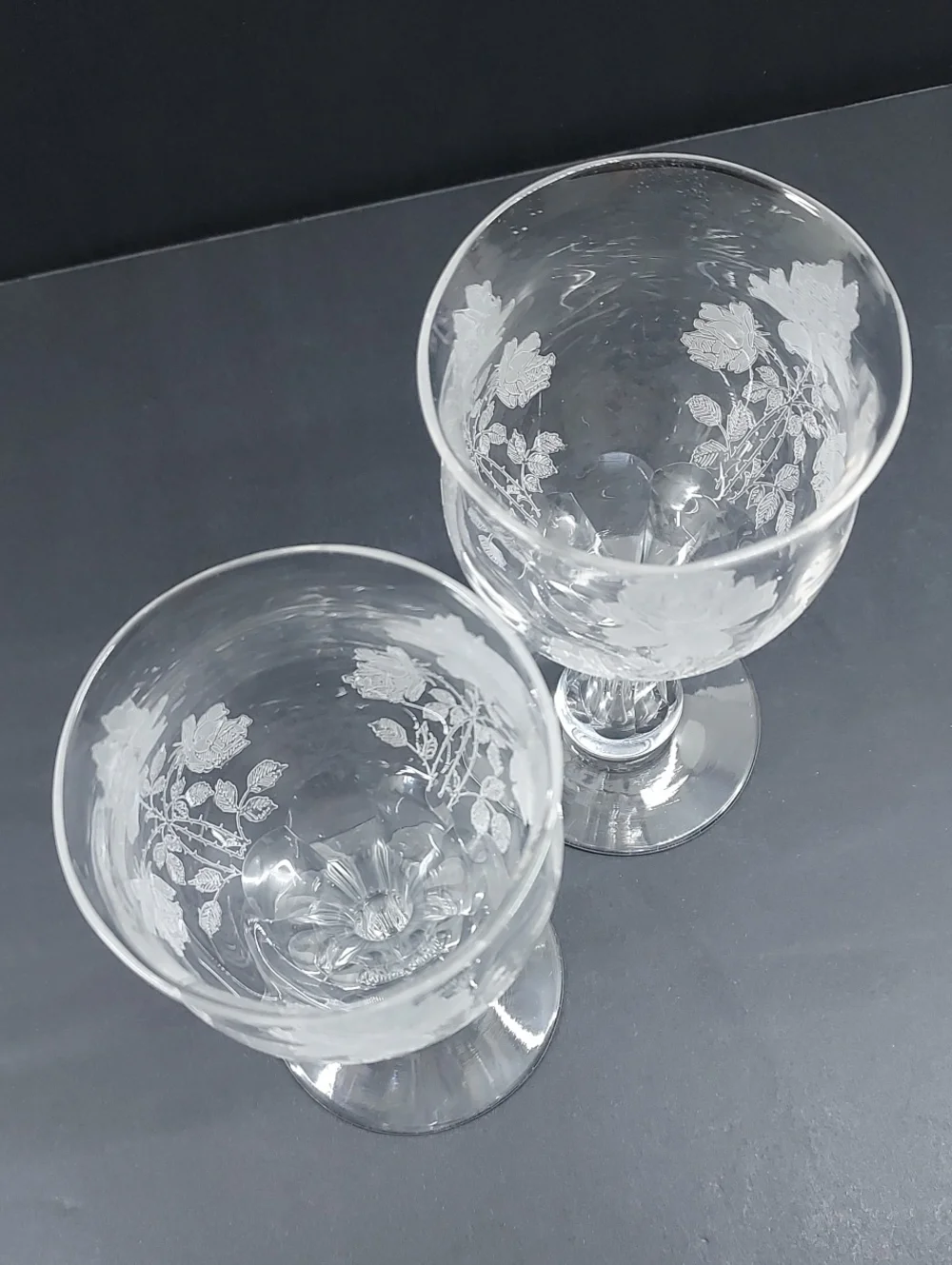 Rare Vintage Etched Rose Hollow Stem Wine Goblets Set of 2